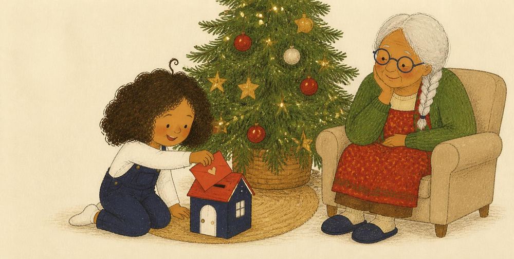 Mina glisse une enveloppe rouge dans la petite poste en papier, sous le sapin, pendant que Mamie Rose la regarde.